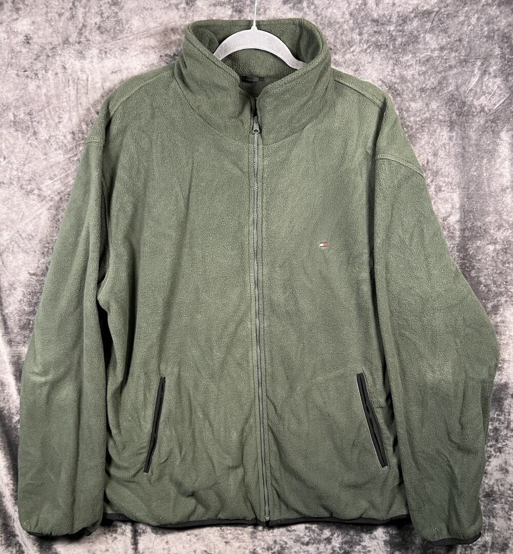 Tommy Hilfiger Fleece Jacket Mens XL Olive Green Full Zip Logo